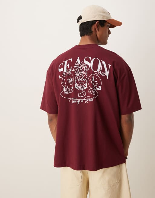 ASOS DESIGN oversized t-shirt with cartoon back print in burgundy 