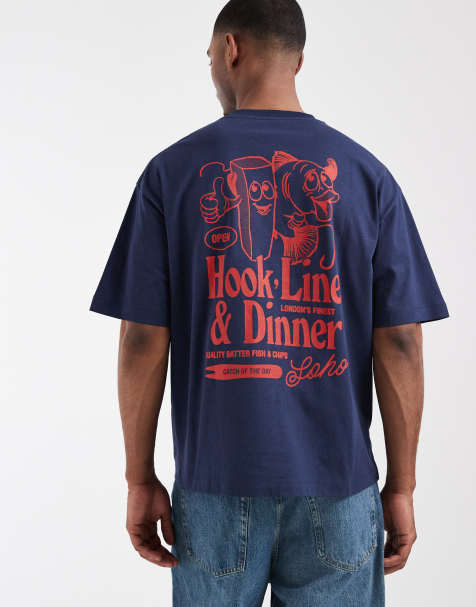 ASOS DESIGN oversized t-shirt with cartoon fish and chips graphic in navy