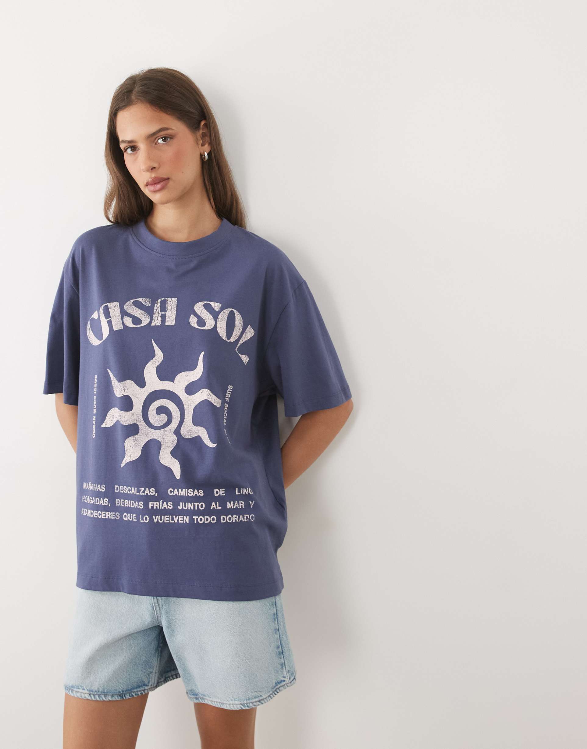asos design oversized t-shirt with casa sol graphic in blue and pink