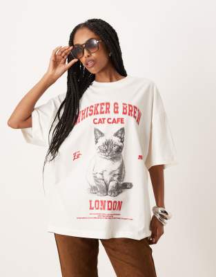 Asos Design Oversized T-shirt With Cat Cafe Graphic In White