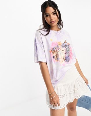 ASOS DESIGN oversized t-shirt with cats graphic in lilac tie dye