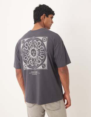 Asos Design Oversized T-shirt With Celestial Graphic In Gray