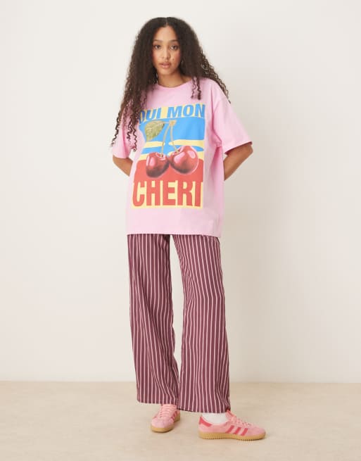 ASOS DESIGN oversized t-shirt with cheri graphic in pink, 2 of 4