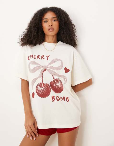 ASOS DESIGN oversized T-shirt with cherry bomb graphic in cream - view 1