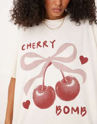 Asos Design Oversized T-shirt With Cherry Bomb Graphic In White