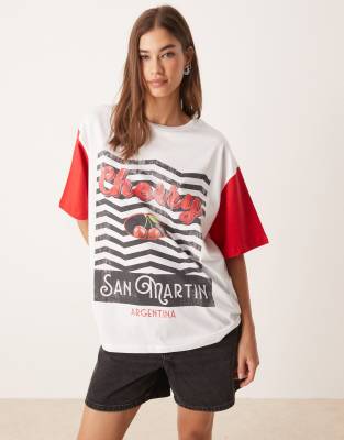 ASOS DESIGN oversized t-shirt with cherry graphic in cream and red - view 1