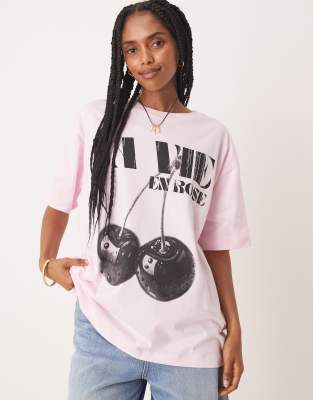 Asos Design Oversized T-shirt With Cherry Graphic In Pink