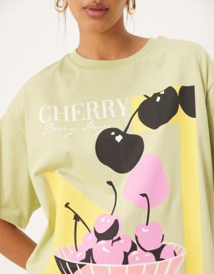 Asos Design Oversized T-shirt With Cherry Graphic In Green