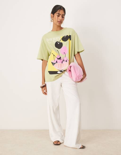 ASOS DESIGN oversized t-shirt with cherry graphic in sage