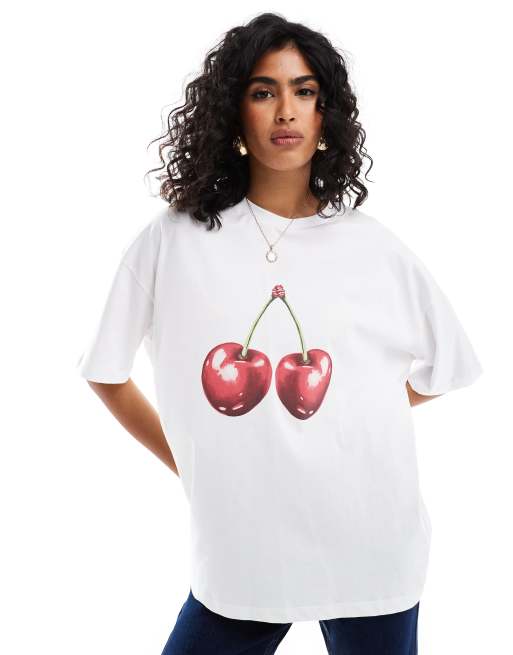 ASOS DESIGN oversized t-shirt with cherry graphic in white