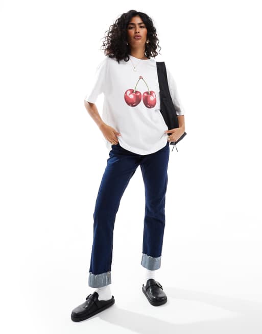 ASOS DESIGN oversized t-shirt with cherry graphic in white, 4 of 4