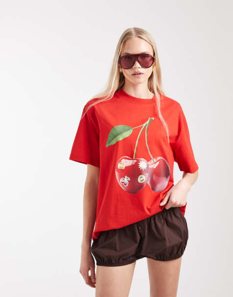 ASOS DESIGN Oversized T-shirt with cherry sticker graphic in red - view 1