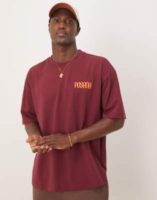 asos ASOS DESIGN oversized t-shirt with chest print in burgundy