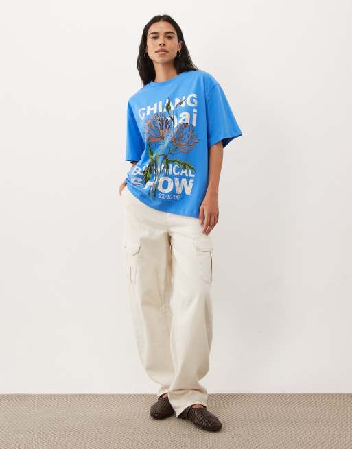 ASOS DESIGN oversized t-shirt with Chiang Mai floral graphic in teal blue, 4 of 4