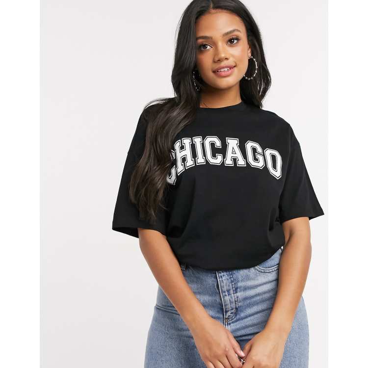 Styli T-Shirts : Buy Styli Black Oversized Roll Up Sleeves Chicago Graphic  Print Longline T-Shirt Online