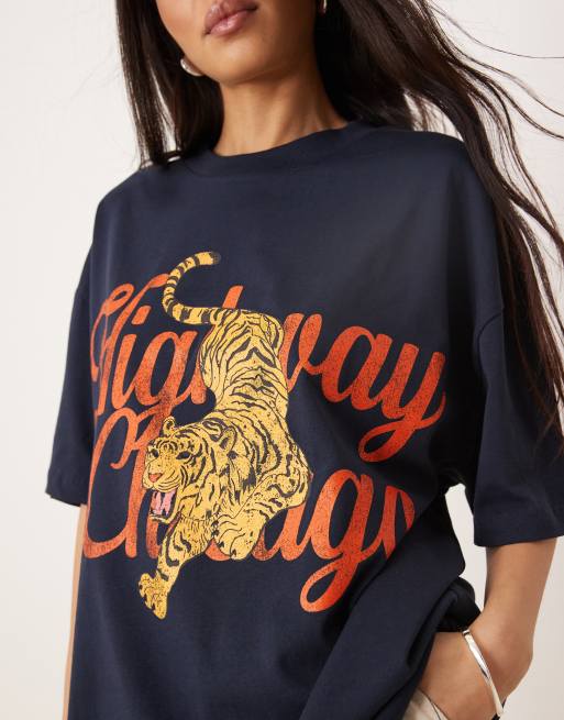 ASOS DESIGN oversized t-shirt with chicago tiger graphic in navy