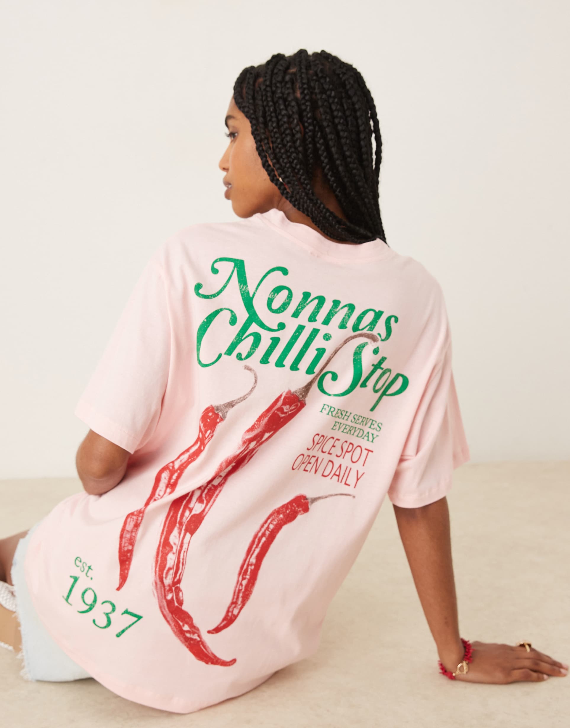 asos design oversized t-shirt with chili graphic in pink