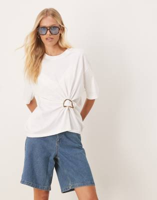 Asos Design Oversized T-shirt With Cinched Knot Front Hardware Detail In White