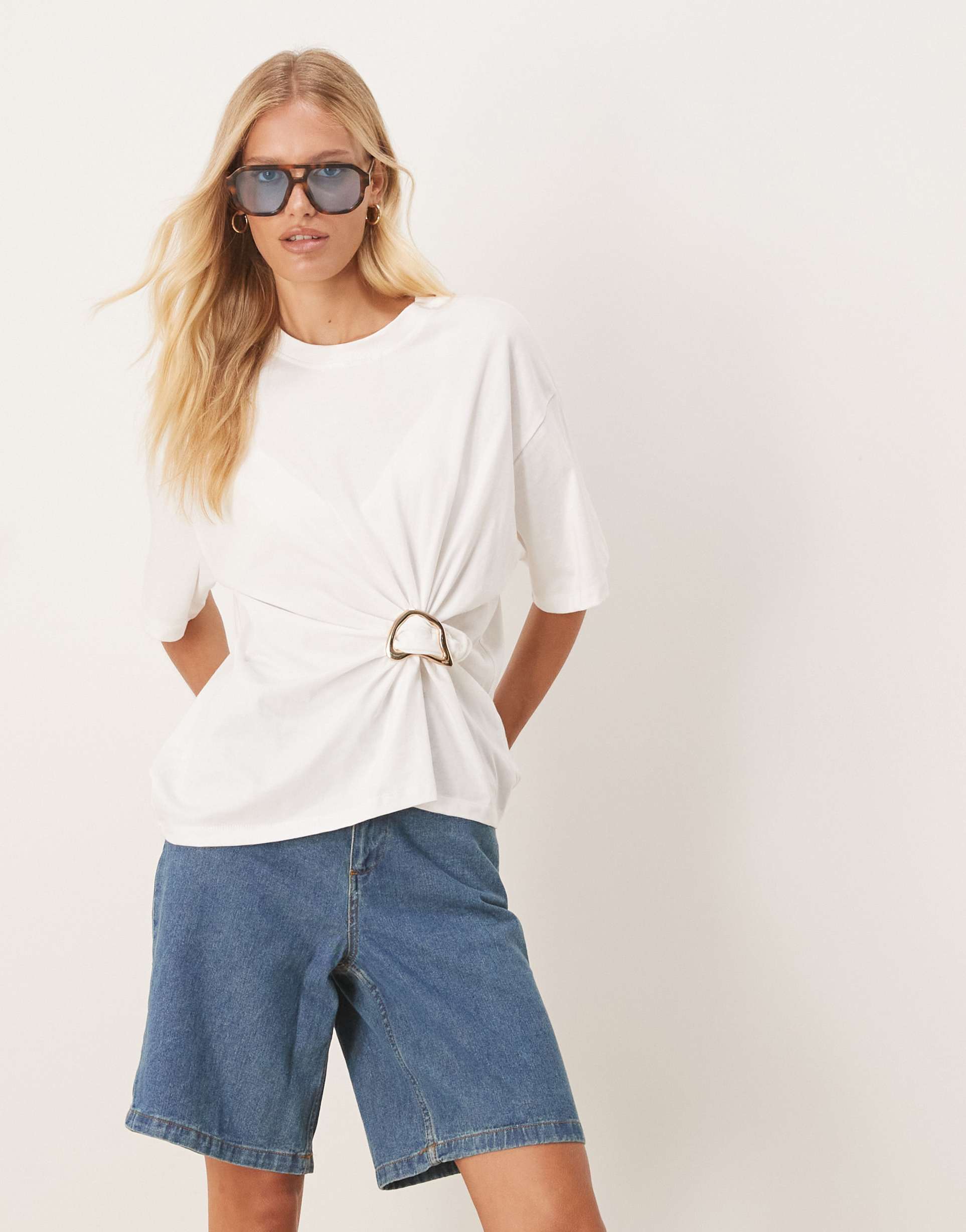asos design oversized t-shirt with cinched knot front hardware detail in white