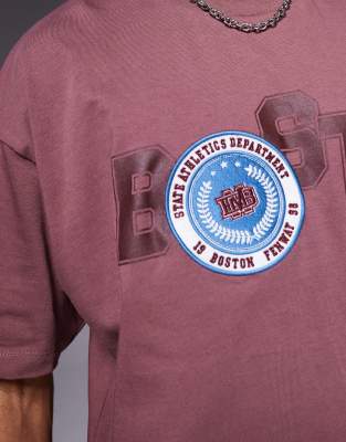 Asos Design Oversized T-shirt With City Badge And Graphic In Brown