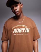 ASOS DESIGN boxy oversized T-shirt with sports graphic in beige