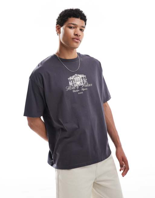 ASOS DESIGN oversized t-shirt with city graphic in charcoal
