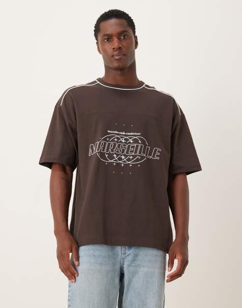 ASOS DESIGN oversized t-shirt with city text graphic and piping detail in brown - view 1