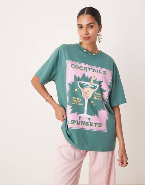 ASOS DESIGN oversized t-shirt with cocktails and sunsets graphic in green - view 1