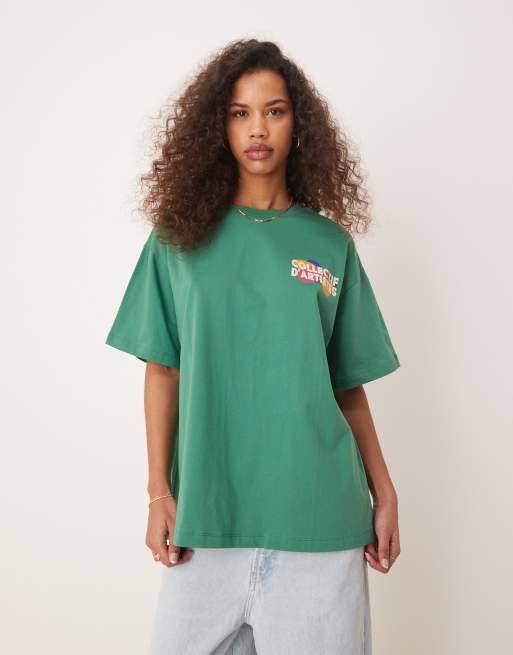ASOS DESIGN oversized T-shirt with collectif d'artistes graphic in green