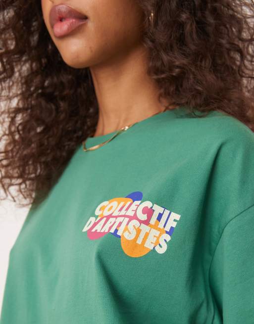 ASOS DESIGN oversized T-shirt with collectif d'artistes graphic in green