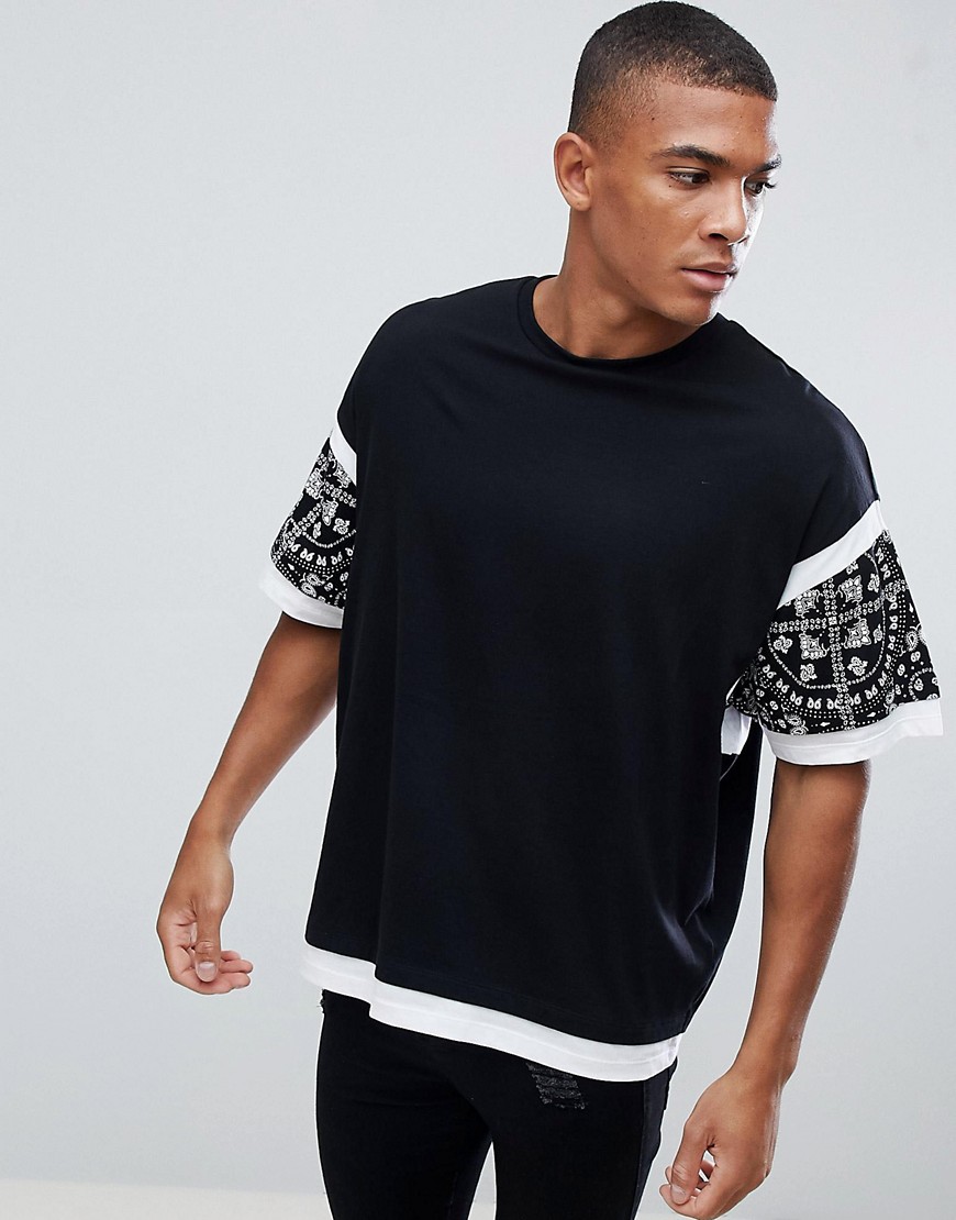ASOS DESIGN oversized t-shirt with color block and paisley print-Black