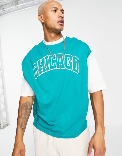 ASOS DESIGN oversized t-shirt with color block sleeves & Chicago print 