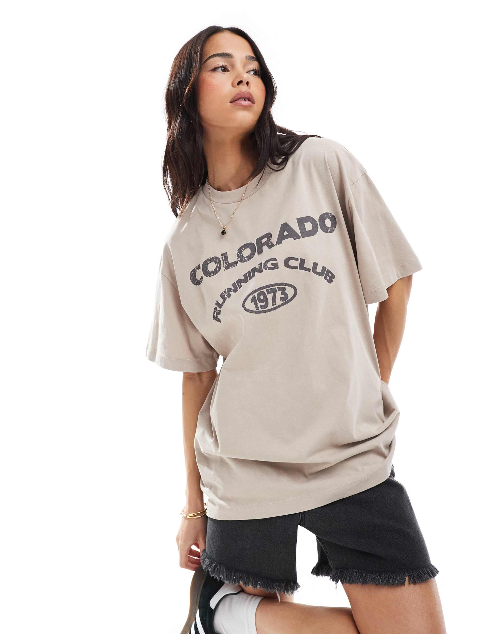 asos design oversized t-shirt with colorado running graphic in taupe