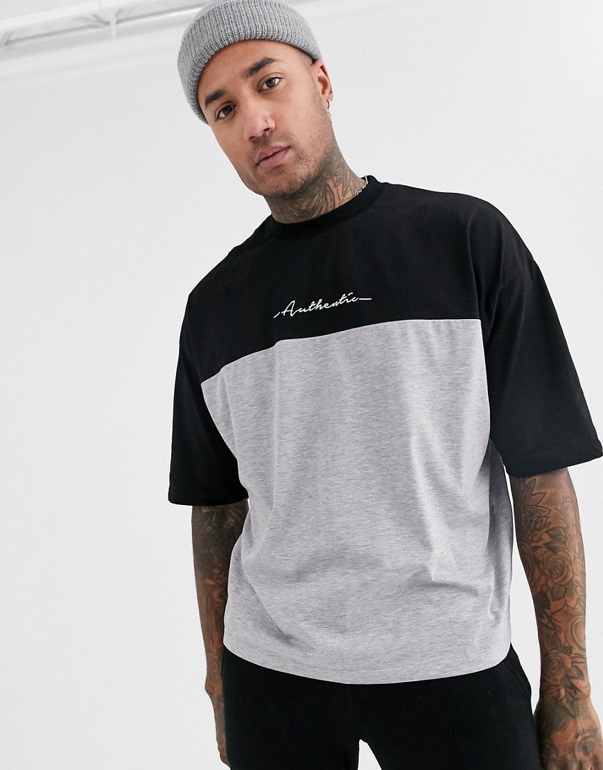 ASOS DESIGN oversized t-shirt with colour block and small chest text print-Black