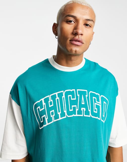ASOS DESIGN oversized t-shirt with colour block sleeves & Chicago print ...