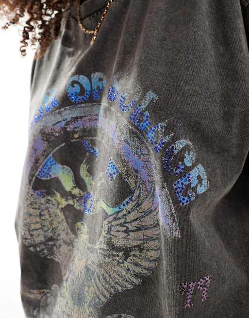 ASOS DESIGN oversized t-shirt with colourful rock graphic with hotfix in washed charcoal, 2 of 4