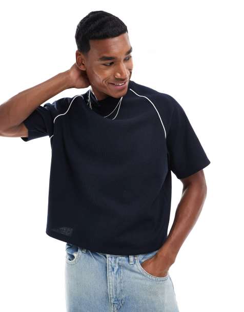 ASOS DESIGN oversized t-shirt with contrast piping and reglan sleeve in navy  - view 1
