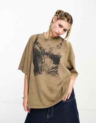 ASOS DESIGN oversized t-shirt with corset print graphic in washed brown