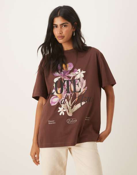 ASOS DESIGN oversized t-shirt with cote d'azur flower graphic in chocolate - view 1