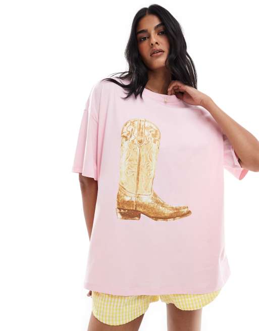 ASOS DESIGN oversized t shirt with cowboy boot graphic in baby pink ASOS