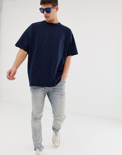 ASOS DESIGN oversized v-neck t-shirt in navy with New York city