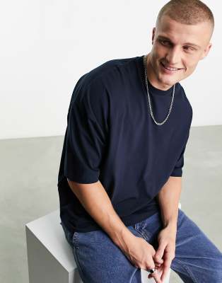 Oversized Navy Bohemian Print Cotton T Shirt For Men Round Neck Summer Tee With Bold Pattern