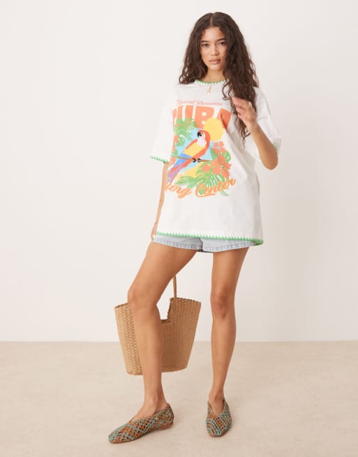 ASOS DESIGN oversized t-shirt with cuba graphic and blanket stitch detail in cream, 2 of 4