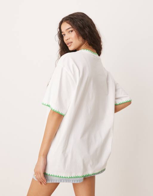 ASOS DESIGN oversized t-shirt with cuba graphic and blanket stitch detail in cream