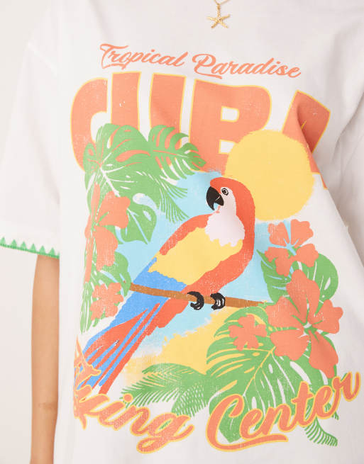 ASOS DESIGN oversized t-shirt with cuba graphic and blanket stitch detail in cream