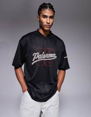 Asos Design Oversized T-shirt With Cut And Sew And High Build Sports Graphic In Black