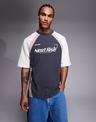 Asos Design Oversized T-shirt With Cut And Sew Paneling And Sports Graphic In Blue