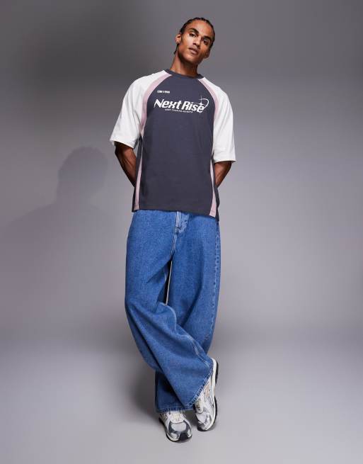 ASOS DESIGN oversized t-shirt with cut and sew panelling and sports graphic in charcoal, 2 of 5