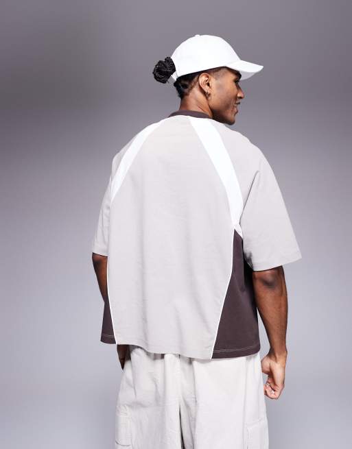 ASOS DESIGN oversized t-shirt with cut and sew tee and sports graphic in grey