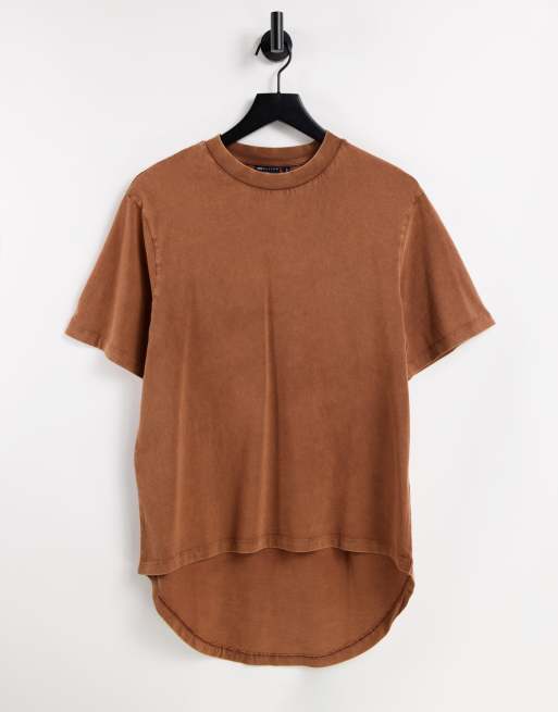 Asos Design Oversized T Shirt With Dipped Hem In Washed Brown Asos